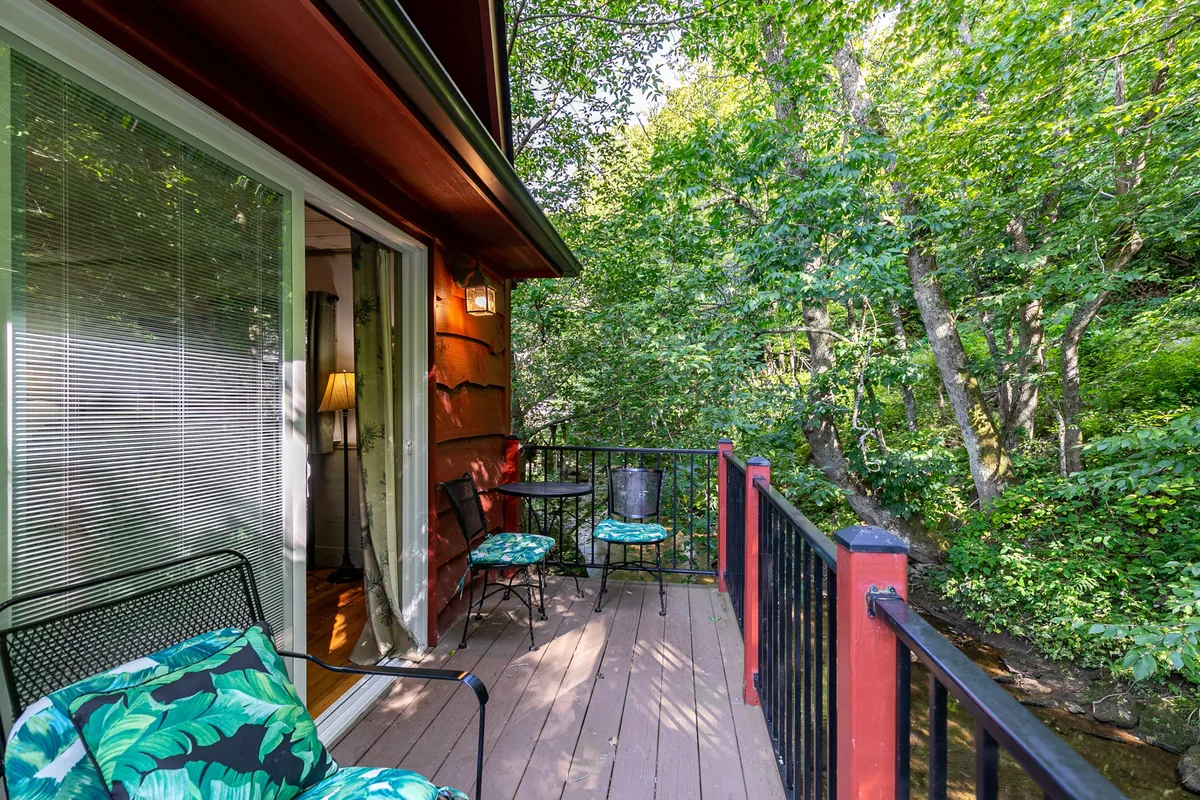A peaceful deck furnished with outdoor seating, surrounded by lush greenery and overlooking the stream. The scene suggests a cozy space for reading, stargazing, or enjoying wildlife in a serene natural setting.